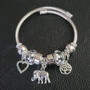 Elephant, tree of life, heart charm pandora style bangle bracelet, floral beads